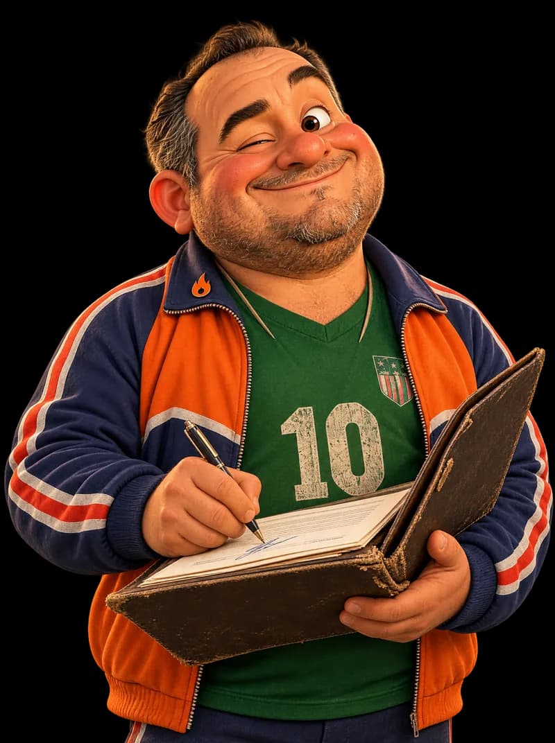 El Soplete Sazo firmando un contrato de fichaje en su carpeta